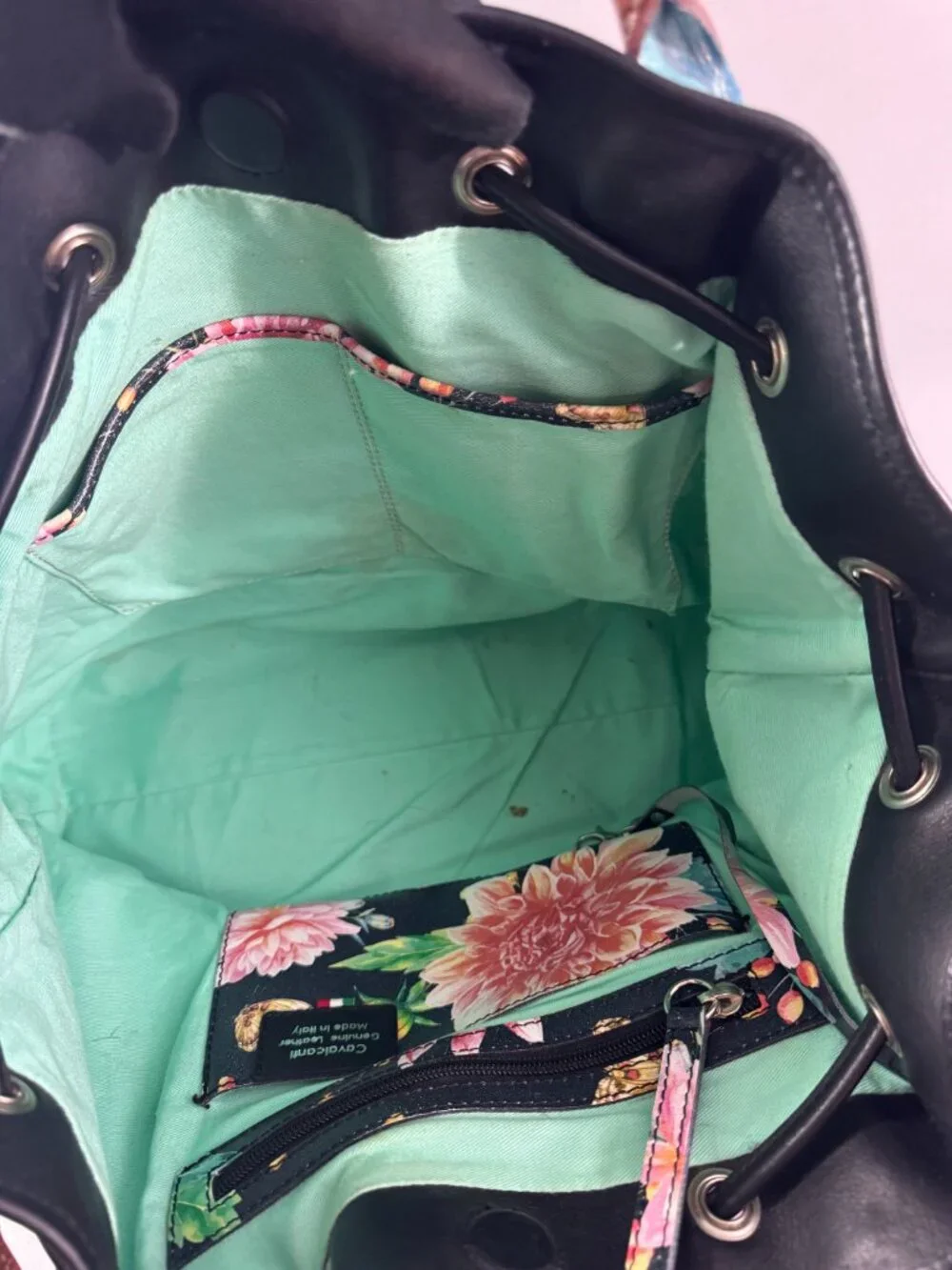 Cavalcanti Italian Black Leather Floral Spring Summer Drawstring Satchel Bag